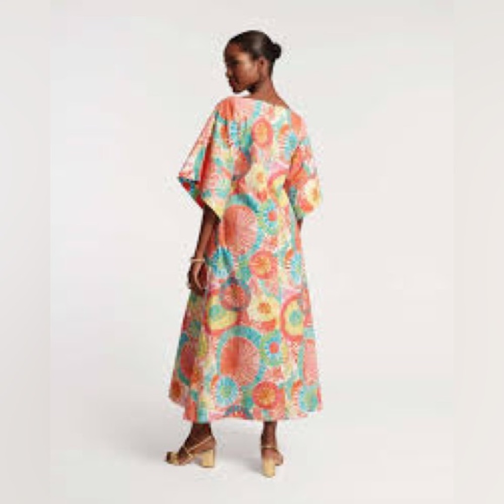 Frances Valentine Floral Circle Print Maxi Dress in Coral, Turquoise, Yellow